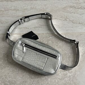 Zara Metallic Silver Croc-Embossed Belt Bag